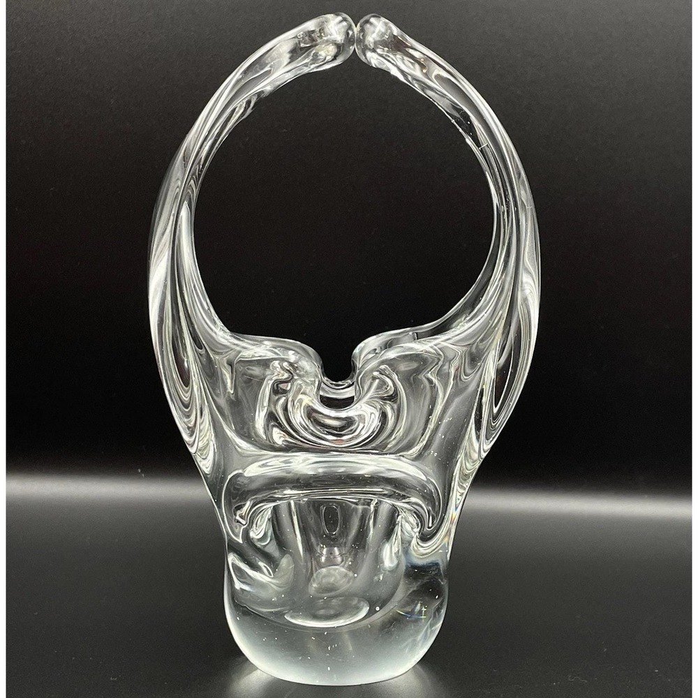 Vintage‎ Hand Blown Art Glass Basket Clear Split Handle Basket Vase